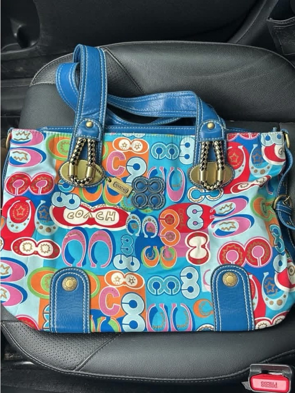 Coach Poppy Collection Blue Leather Shoulder Bag with Signature Jacquard Lining
